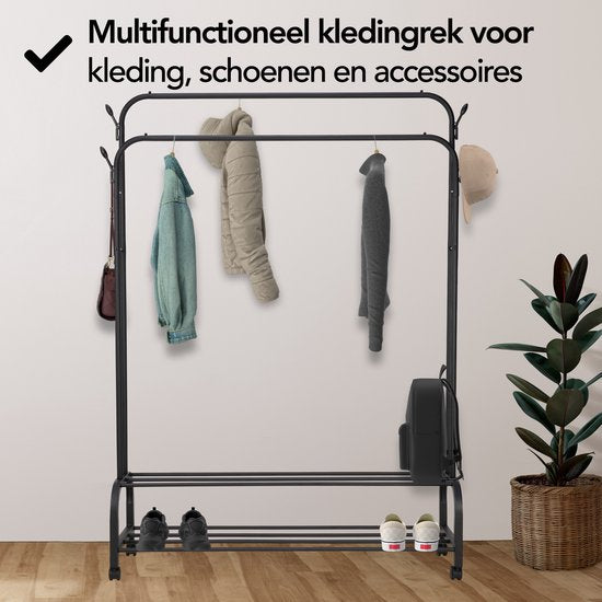 Brixy Kledingrek - Kledingrek Dubbel - Garderoberek Op Wieltjes - Kledingrek Met Schoenenrek - 98 x 34 x 159 cm - Zwart