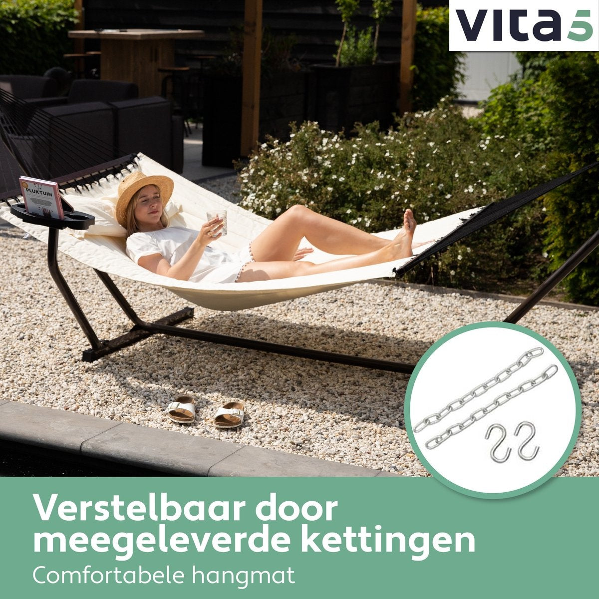 Vita5 Hangmat met Standaard en Spreidstok – 2 Persoons, Incl. Bekerhouder  – max. 200 kg – 350 x 120 x 140 cm – Beige