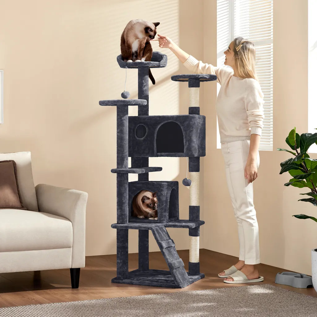 Yaheetech Krabpaal Donkergrijs – 158 cm Hoog – Met 3 Uitkijkplatforms en 2 Kattenhuisjes