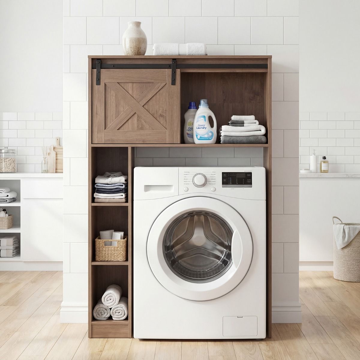 Coast toiletkast met schuifdeur - vrijstaand badkamerrek - hout en MDF - donkerbruin - 84 x 17 x 128 cm