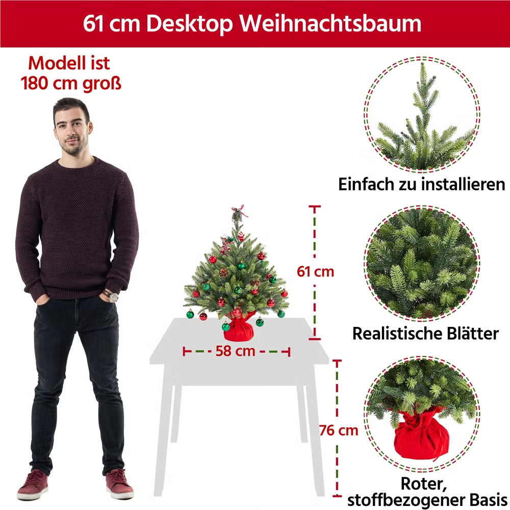 Yaheetech Kunstkerstboom Mini – 61 cm – Voorzien Van 62 Takken En Zware Betonnen Voet En Decoratieve Rode Stoffen Hoes – Voor Tafel En Vensterbank – Groen Polyethyleen En Metaal – 58 x 58 x 61 cm