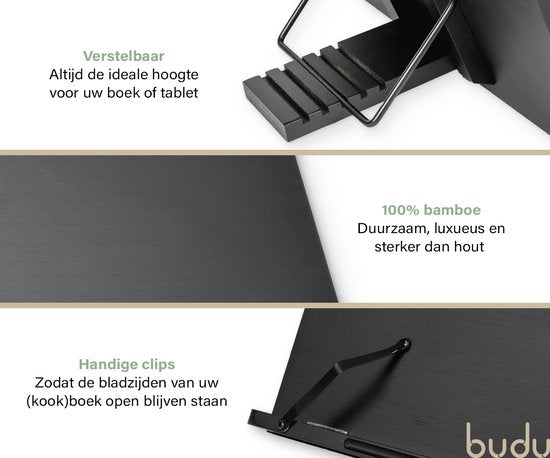 Budu Boekenstandaard Zwart – Boekenhouder – Book holder – Boekenstandaard bamboe hout – Tablethouder – Leesstandaard – Verstelbaar (5 standen)