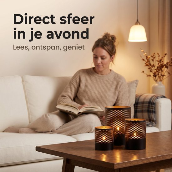 Lomera Theelichthouder Set van 3 - Waxinelichthouder Zwart Met Goud - Metalen Windlicht - Kaarsenhouder voor Woonkamer - Sfeerlicht voor Tafeldecoratie - Geperforeerd Metaal voor Sfeervolle Kaarsen Decoratie