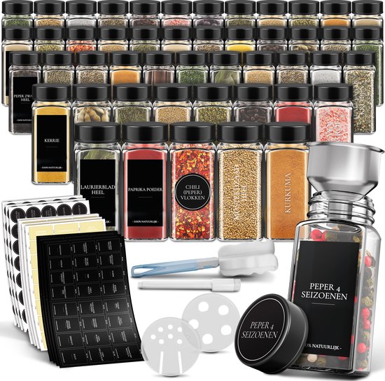 Soothe 48 Glazen Kruidenpotjes Vierkant met Zwarte Deksel – 2 Soorten Strooideksels – Kruidenstrooier – Spice Jars – Complete Set incl Kruiden Stickers, Krijtstift en Accessoires – 120ml