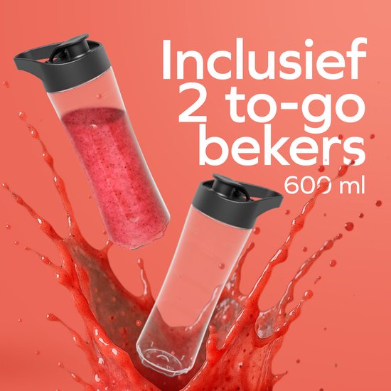 KitchenBrothers Mini Blender - Blender to Go - Smoothie Maker - 2 To-Go Bekers 600 ml - RVS