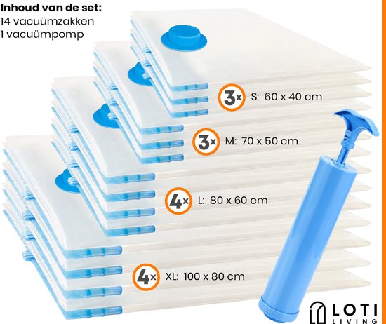 Loti Living Vacuümzakken Set – 14 Stuks / 4 Maten – Incl. Handpomp – Herbruikbare Opbergzakken voor Kleding, Dekbedden & Reizen – Bespaart tot 80% Ruimte