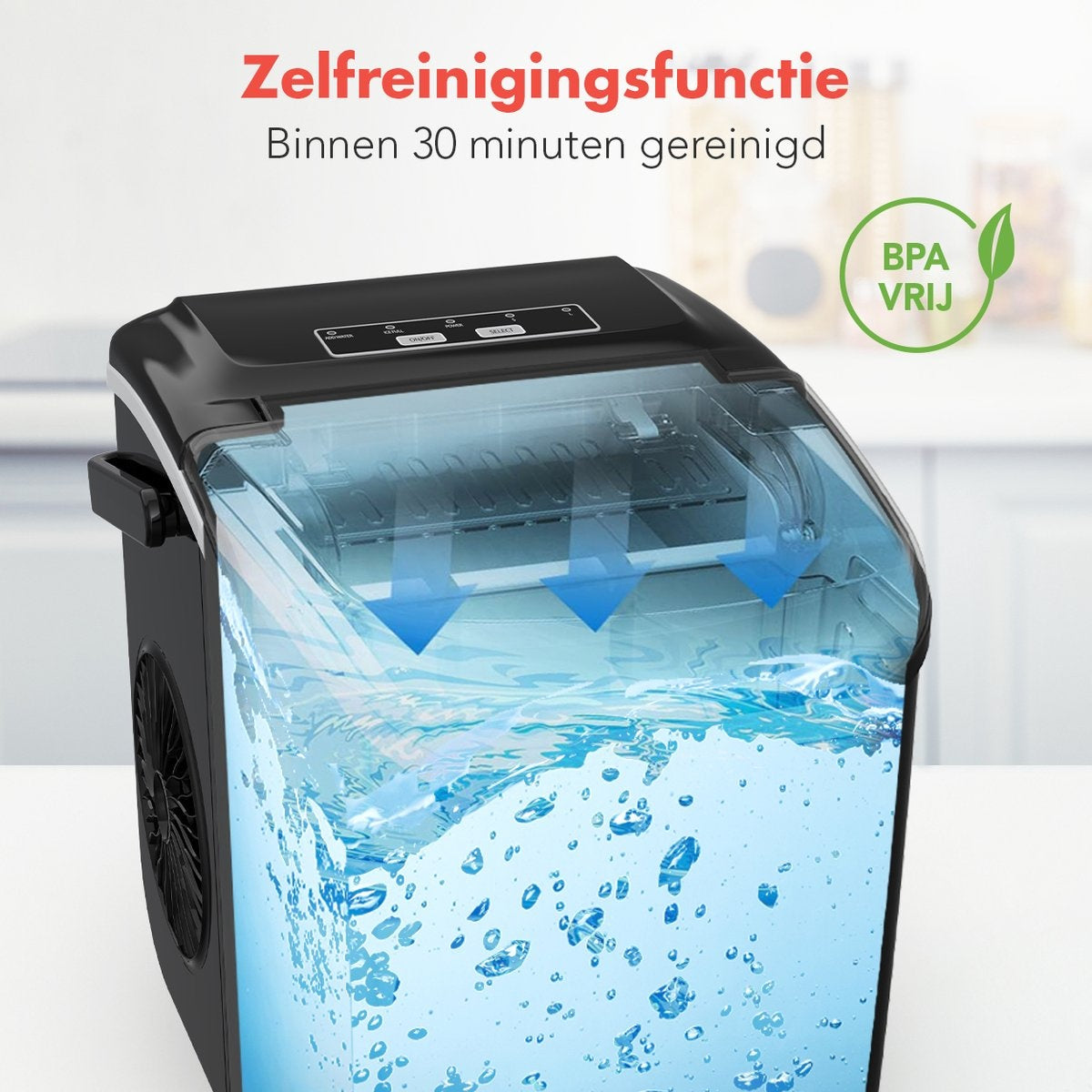 KitchenBrothers IJsblokjesmachine –  Zelfreinigingsfunctie - 1,2 L – 100 W – 22,2 x 29,4 x 29 cm – Zwart
