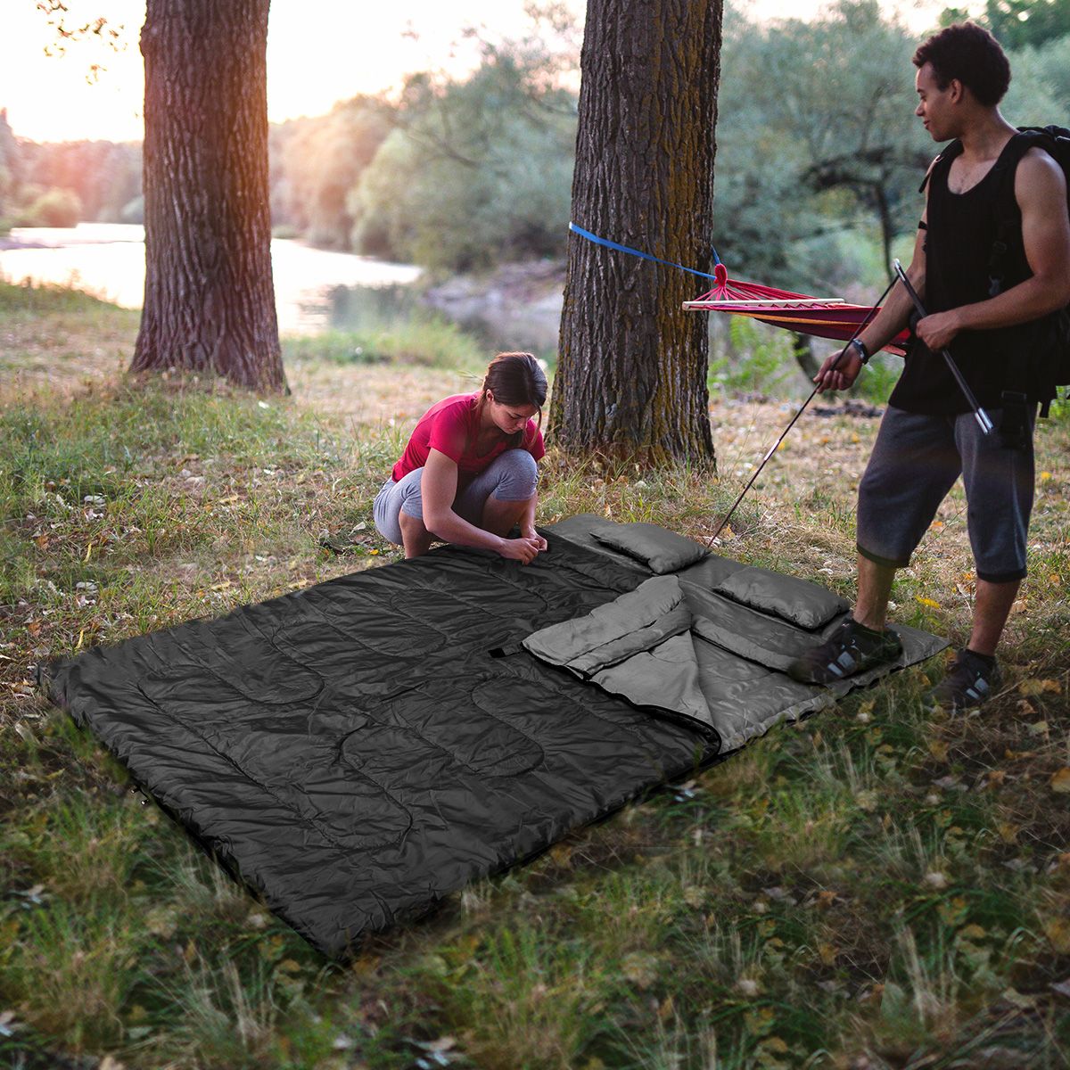 Coast Dubbele Slaapzak met 2 Kussens - 2 Persoons - met Draagtas - Waterdicht - 220 x 150 cm - Zwart