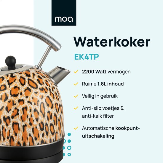 MOA Waterkoker Retro - 1,8 Liter - Elektrische Waterkoker - BPA-vrij - Anti Calcium Filter - RVS - 2200W - Panterprint