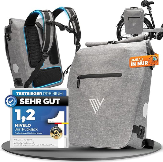 MIVELO Fietstas – 3-in-1 Rugzak & Schoudertas – Waterdicht Thermoplastisch Polyurethaan – 20 liter – Grijs