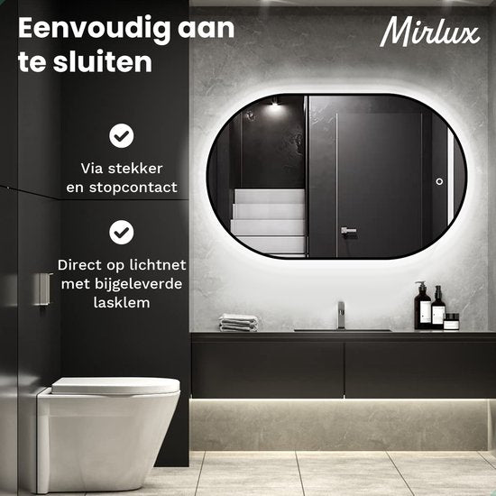 Mirlux Badkamerspiegel Ovaal 90x60 cm – LED Verlichting & Verwarming – Anti-Condens Douchespiegel – Zwart