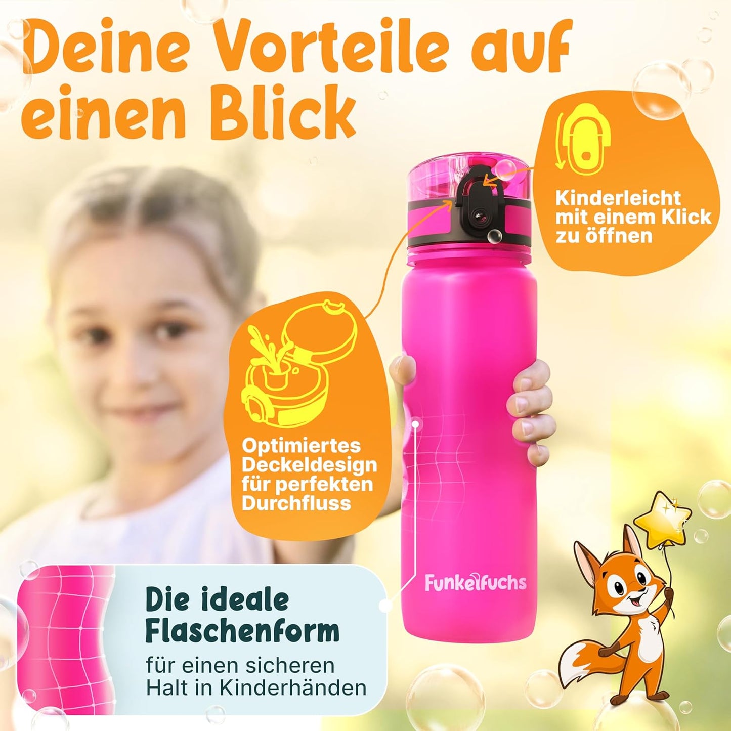 Funkelfuchs®- drinkfles voor kinderen - 500ml, roze - koolzuurhoudend - 100% lekvrij - waterfles vaatwasmachinebestendig - voor kleuterschool, schoolinschrijving, school, sport