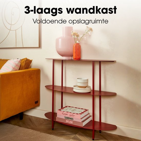 Mica Decorations Wandrek – Opbergrek en Metalen Wandrek voor Decoratie Woonkamer – Geschikt voor Planten en Accessoires – Stevig Rek van IJzer – 90 x 28 x 81 cm – Rood