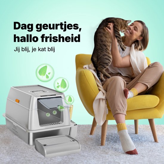 Jake en Jacky RVS Kattenbak - Kattentoilet Roestvrijstaal - Incl. Kattenbakschep met Houder en Gritopvang Opstapje - 2 in 1 Open Kattenbak met Afneembare Deksel - 60x40x38cm