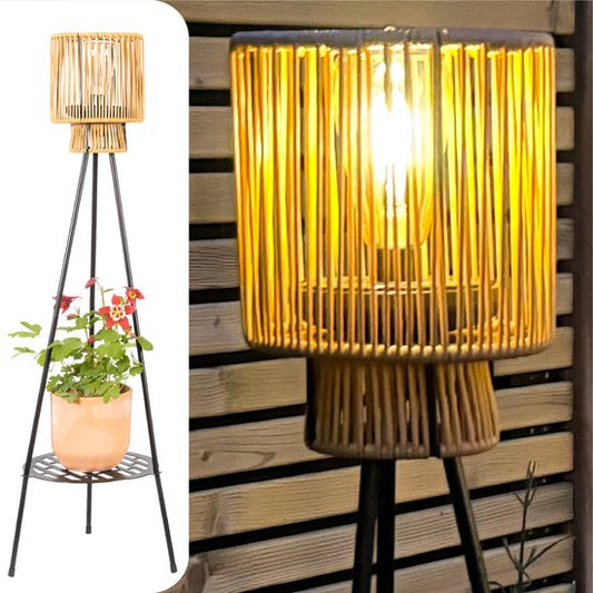 Gadgy Solar Tuinverlichting Staande Lamp Terras - Buitenlamp Zonne Energie Balkon & Tuin - Driepoot Tuinlamp Led Buiten met USB-aansluiting - Lantaarn voor Buiten Verlichting - Bruin Rattan