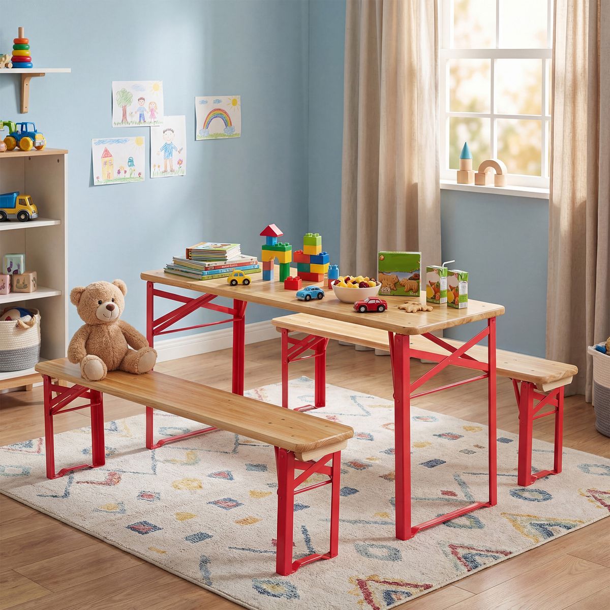 Coast Kinderpicknickset - opvouwbare picknicktafel met 2 banken - vurenhout en metaal - rood