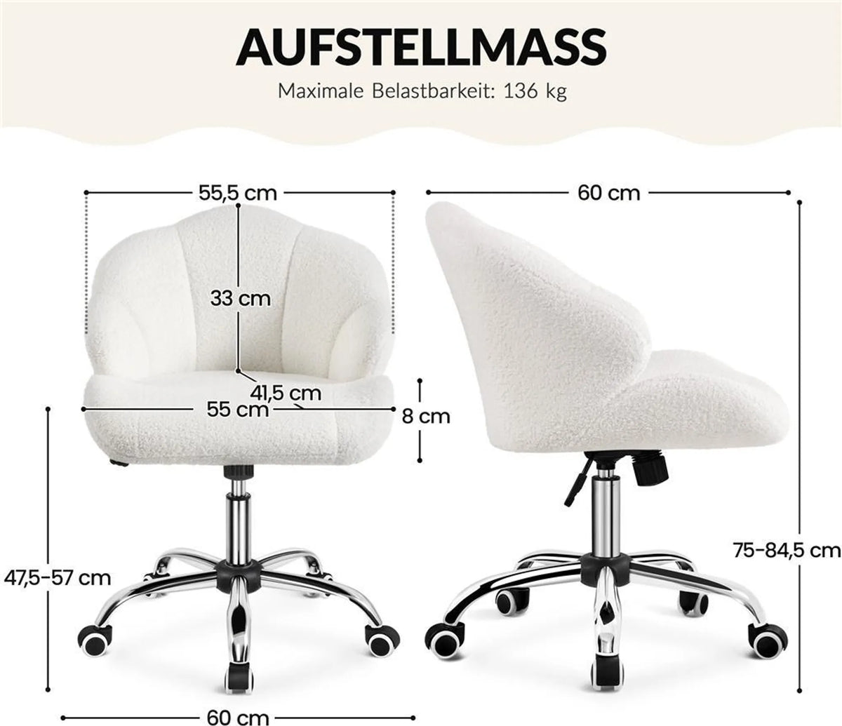 Yaheetech Elegante Draaistoel met Schelpdesign 76,5-86 cm – Schneeweiß – Polyester en Metaal