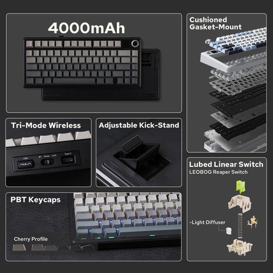 AULA F75 MAX - Zwart/Grijs - Mechanisch Draadloos Toetsenbord - RGB - 75% - QWERTY - Gaming Keyboard - Leobog Reaper Switch