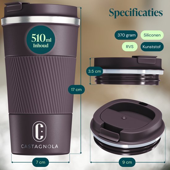 Castagnola Thermosbeker - Koffiebeker To Go - Travel Mug voor Koffie en Thee - Theebeker - 510 ML - RVS - Bruin