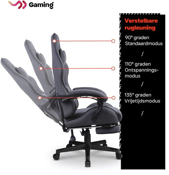 VDD - gamestoel met voetsteun - gewatteerde armsteunen - hoogte verstelbaar - massagekussen - grijs