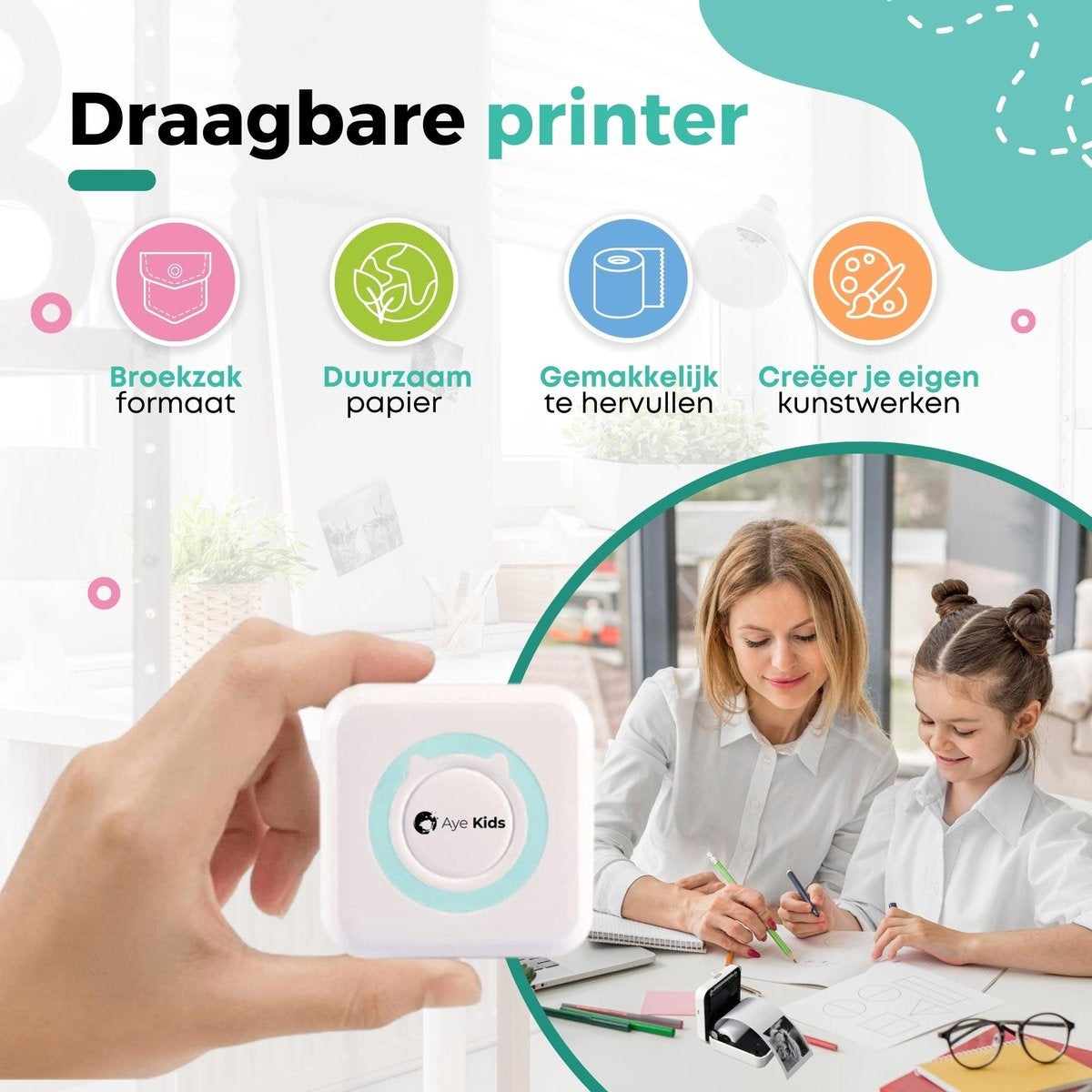 AyeKids Fotoprinter voor Smartphone met Wifi & Bluetooth - Incl. 1 Rol Fotopapier - Draadloze Mini Printer - Wifi Printer - Mobiele Fotoprinter Draadloos - Pocket Printer - Blauw