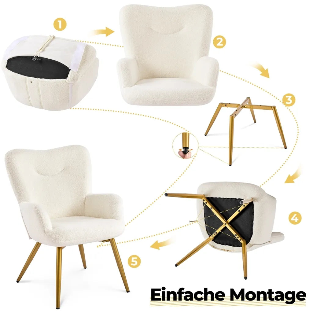 Yaheetech Oorfauteuil met Voetenbankje, Bouclé, Wit/Crème