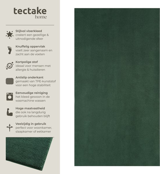 tectake® Kortpolig Vloerkleed - 80 x 150 cm - Groen - Tapijt voor Woonkamer, Slaapkamer, Eetkamer - Onderhoudsvriendelijk en Wasbaar - Antislip Ondertapijt - Allergievriendelijk - Diverse maten en kleuren