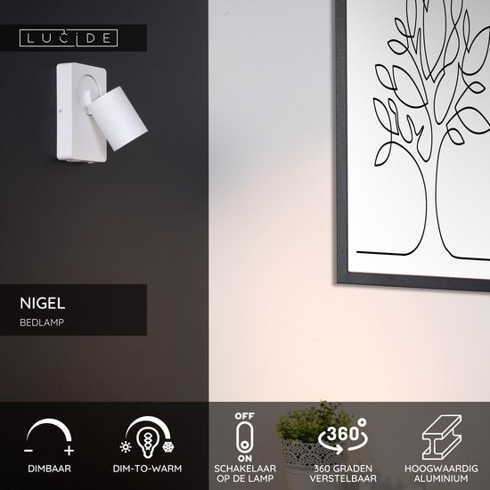 Lucide NIGEL - Bedlamp / Wandlamp - LED Dim to warm - CCT - GU10 - 1x5W 2200K/3000K - Met USB oplaadpunt - Wit