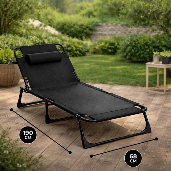 Outbee Ligbed - Ligstoel - Zonnebed - 190x55x30 cm - Inklapbaar - Verstelbaar - Weerbestendig - Zwart