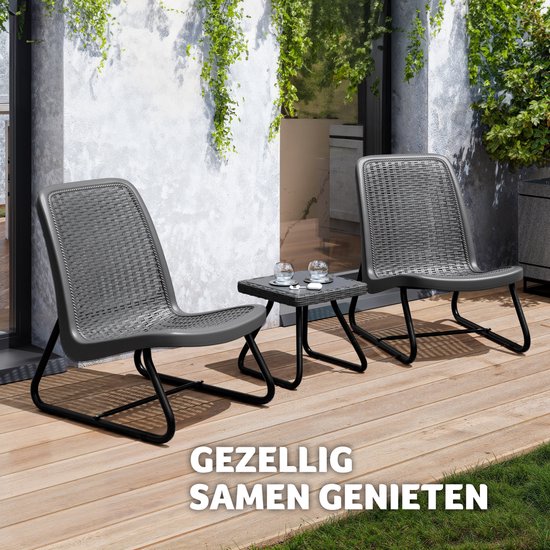 tectake® - Tuinmeubelset voor 2 personen - Buitenmeubels weerbestendig voor balkon - Tuinloungeset - Terrasmeubilair - Zitgroep met 2x loungestoelen en 1x tuintafel bijzettafel - rotan look - grijs