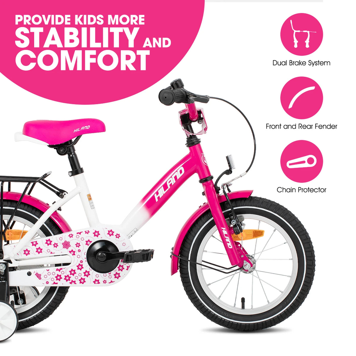 Hiland Starry Kinderfiets 12 inch - Roze - met Zijwieltjes, 2-7 jaar