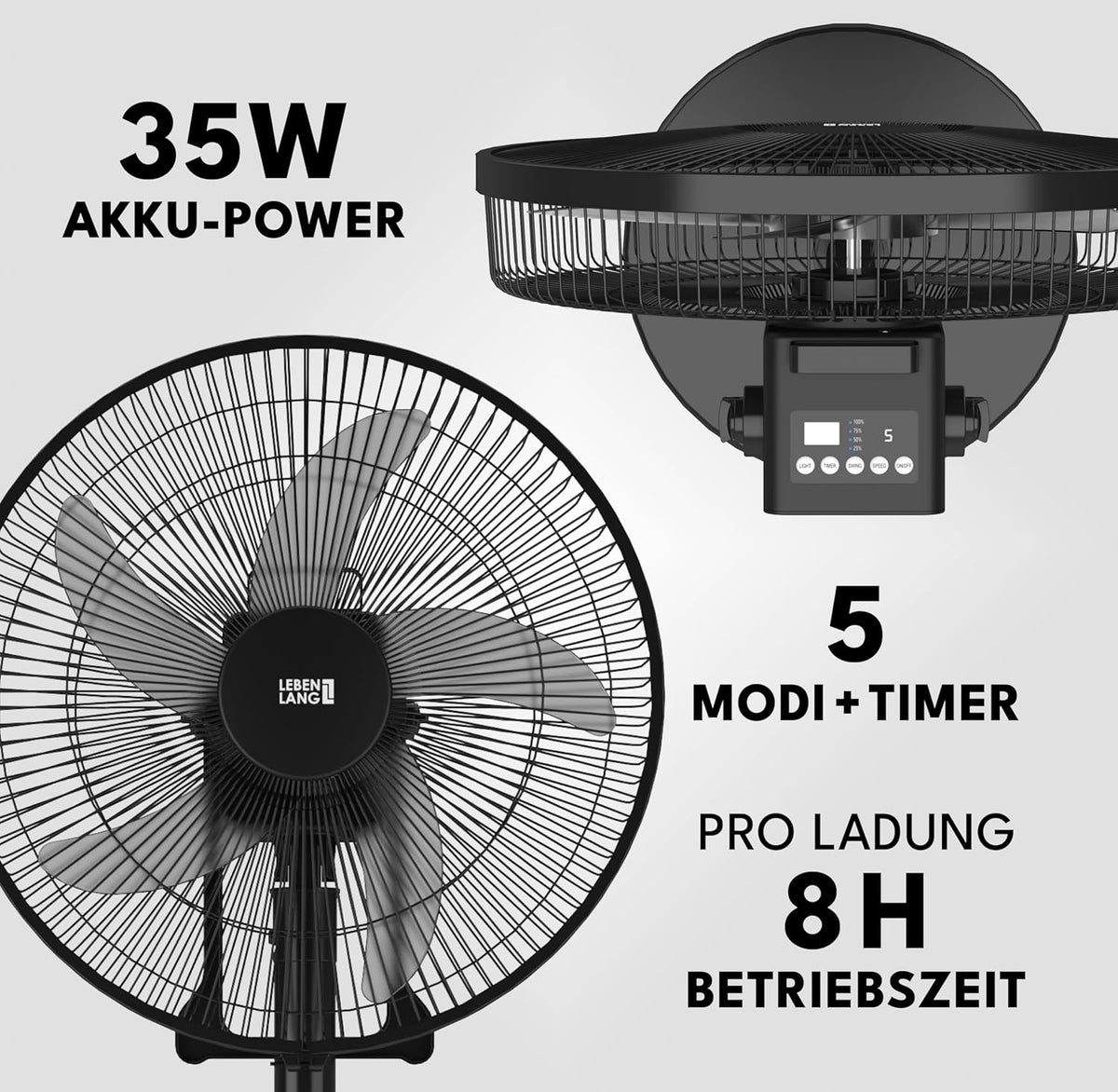 LEBENLANG Accuventilator 35W – 3600 mAh – tot 45 uur gebruiksduur – Ø 30 cm – Hoogte 80–115 cm – Zwart – Draagbare 5-in-1 Ventilator met Afstandsbediening