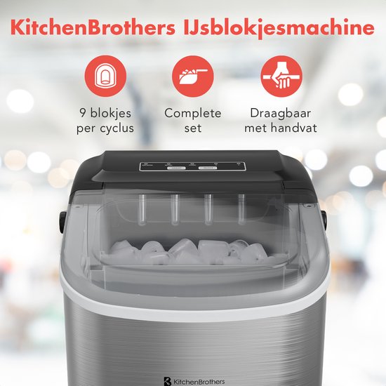 KitchenBrothers IJsblokjesmachine - 1.2L - IJsklontjes maker - IJsschep – 12kg/24 uur – Draagbaar – Zelfreinigingsfunctie - RVS
