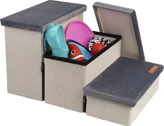 By Cee Cee – Hondentrap Met Opbergruimte – 60 x 40 x 33 cm – Voorzien Van 3 Treden En Opvouwbaar Design – Voor Bank Of Bed – Antraciet MDF