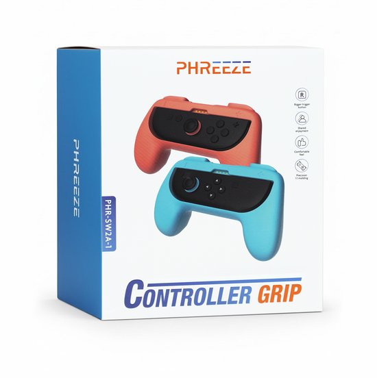 Phreeze controller grips geschikt voor Switch 2 Joy Con grip - houder - ergonomisch - met triggers - rood en blauw - 2 stuks