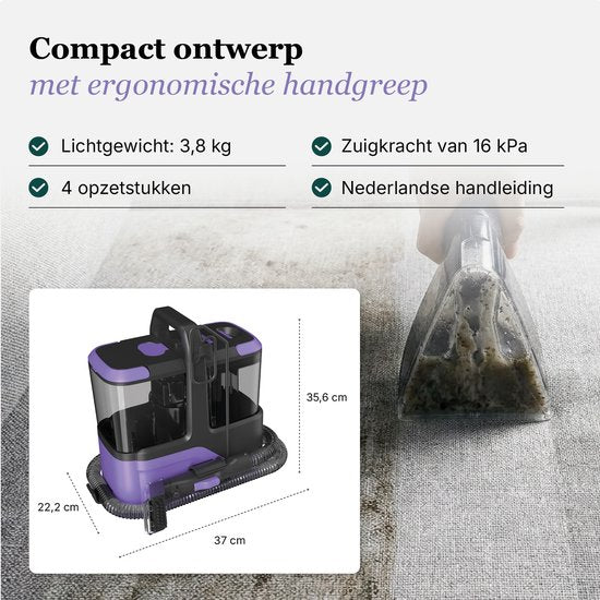 Motionflow Tapijtreiniger Go! - Krachtige 16 kPa Vlekkenreiniger en Zetelreiniger - Reinigingsmachine voor bank, vloer, auto en tapijt - Carpet Cleaner