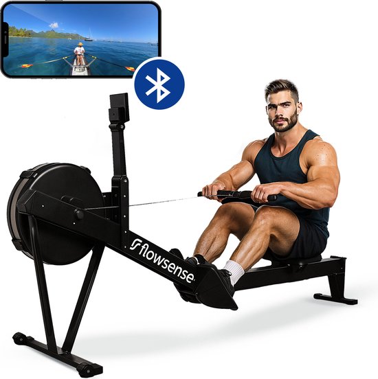 Flowsense Roeitrainer op Luchtweerstand – Professionele Roeimachine – 10 Weerstandsniveaus – Inklapbaar – Full Body Workout – Bluetooth App & LCD Monitor – Max. 200 kg – Roeitrainers - Voor Thuis & Sportschool
