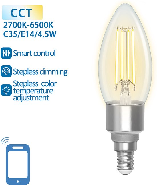 LED Lamp - Filament - Smart LED - Bulb C35 - 4.5W - E14 Fitting - Slimme LED - Wifi LED + Bluetooth - Aanpasbare Kleur - Transparant Helder - Glas