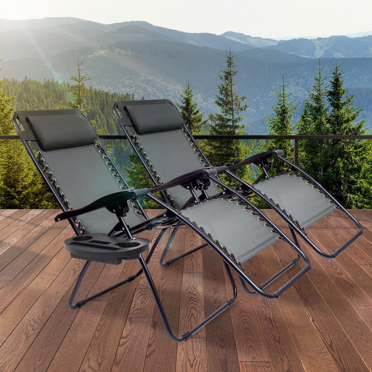 LifeGoods® Opvouwbare Relaxstoelen – Set van 2 – 30°-90° Verstelbaar – Metaal - Met Beker- en Telefoonhouder – Donkergrijs