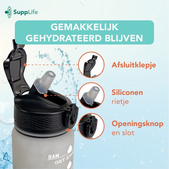 Supplife Motivatie Waterfles - 600 ml Drinkfles - Waterfles met Tijdmarkering - Met Rietje - Volwassenen - Kinderen - Wit Zwart