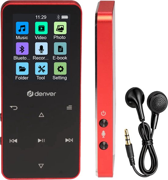 Denver MP3/MP4 Speler - Bluetooth - Shuffle/Herhalen - SD kaart tot 128GB - Incl. oordopjes - Dictafoon - MP1830R - Rood