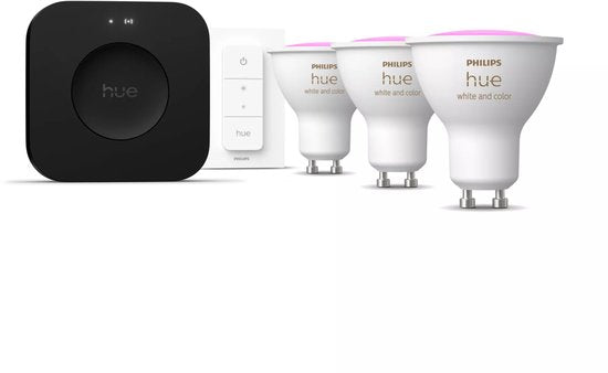 Philips Hue starterkit - GU10 fitting - bevat 1 Hue Bridge Pro, 3 lampen, 1 DimmerSwitch - aanpasbaar wit en gekleurd licht - - slimme verlichting