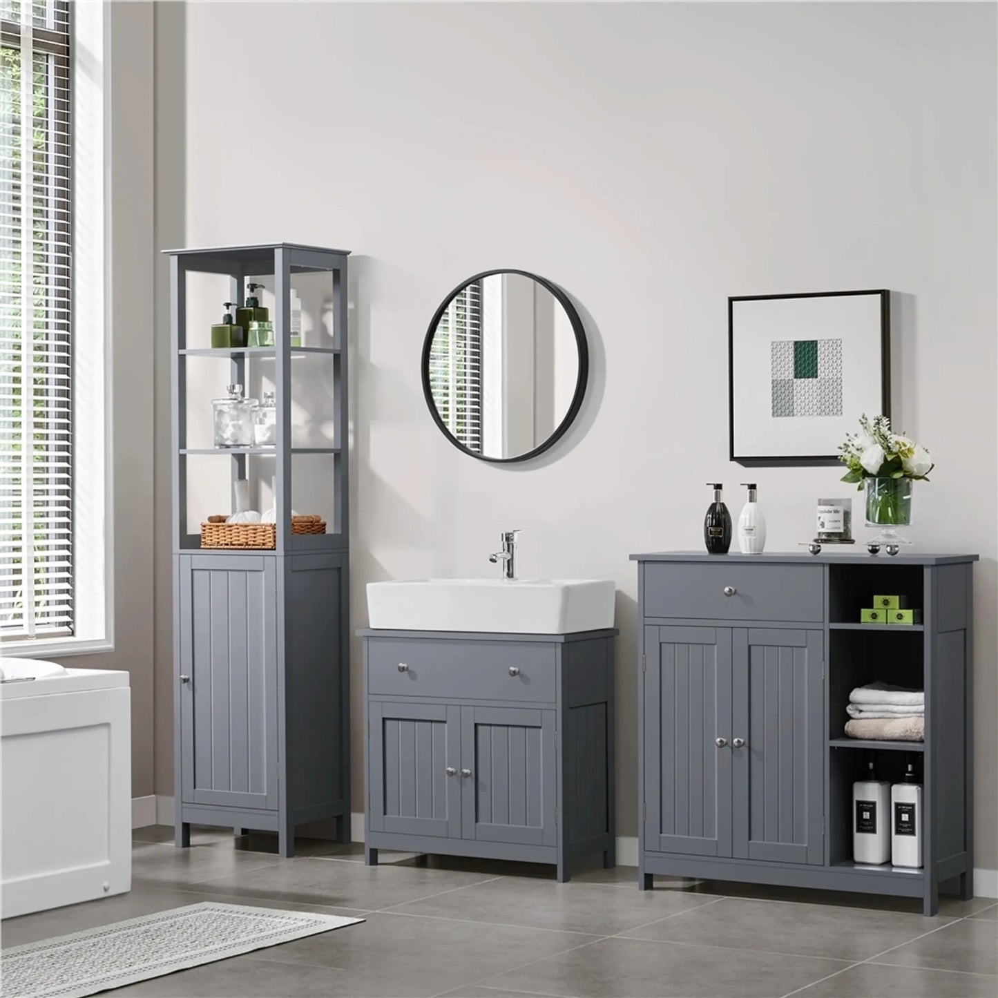 Yaheetech Wastafelonderkast Met Lade En Twee Vakken – Voorzien Van Sifonuitsparing En Waterafstotende Coating En Metalen Beslag – Voor Badkamer In Landelijke Stijl – Donkergrijs Mdf En Metaal – 60 x 30 x 60 cm