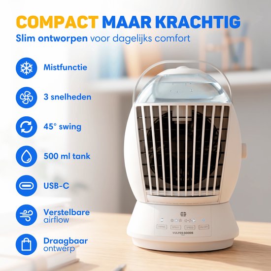 Vulpes Goods® Tech - Mini Airco ELITE - Mobiele Luchtkoeler met Afstandsbediening - Aircooler 6in1 - 3 luchtbevochtigingsstanden met Swingfunctie - 3 windsnelheden - 100% Anti-lek - Incl. kabel & adapter meegeleverd - Thuis & Kantoor