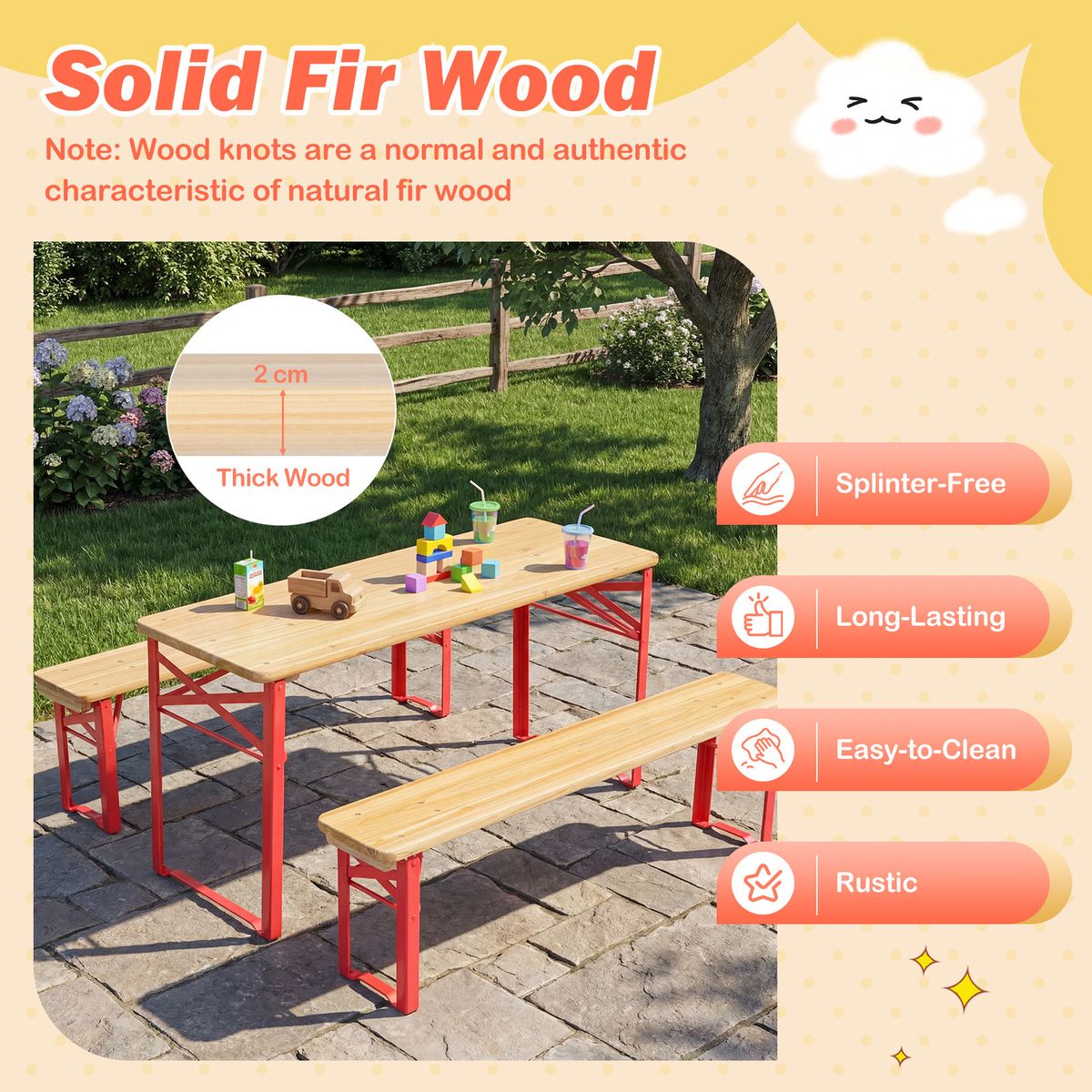 Coast Kinderpicknickset - opvouwbare picknicktafel met 2 banken - vurenhout en metaal - rood