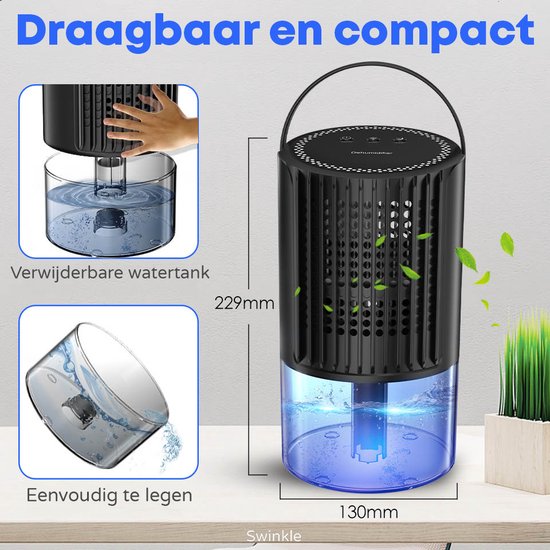Swinkle Luchtontvochtiger – Tot 0,35 L/dag – Compacte Dehumidifier voor Woonkamer, Slaapkamer & Badkamer – Zwart