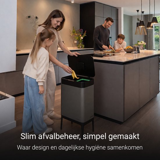 Prullenbak 60 liter - Inclusief afvalscheiderringen 2x 30 liter - 2 vakken - RVS - Graphite grijs - 42x33x76cm - STAUS&BACH Nuvio