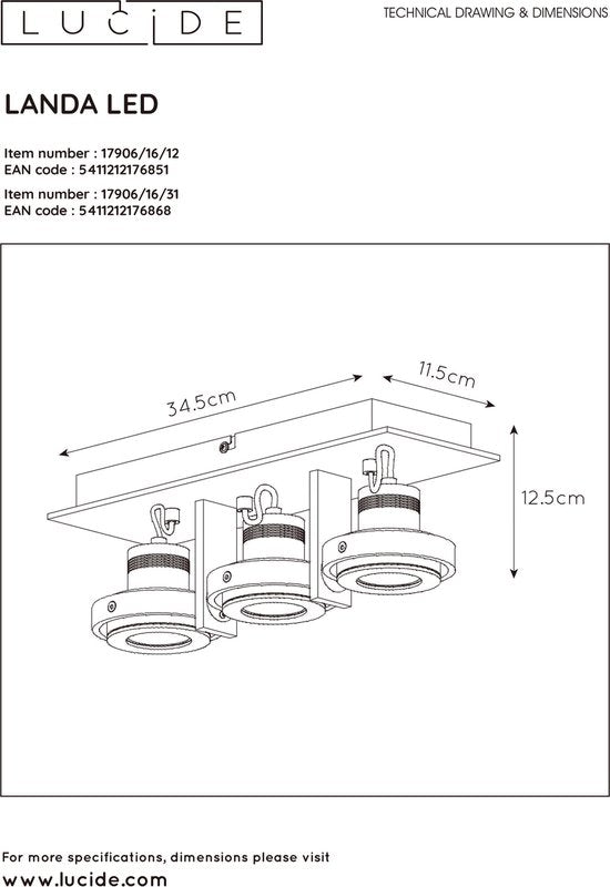 Lucide LANDA Plafondspot - LED Dim tot warm - GU10 - 3x5W 3000K/2200K - Mat chroom