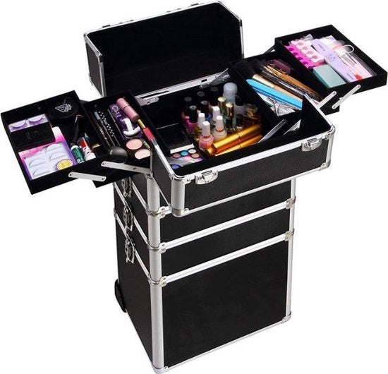 VDD - visagiekoffer - make up koffer - Make up trolley - Kappers koffer - Beautycase - Cosmetica koffer - Met Wielen - Zwart - 26 x 35 x 70cm