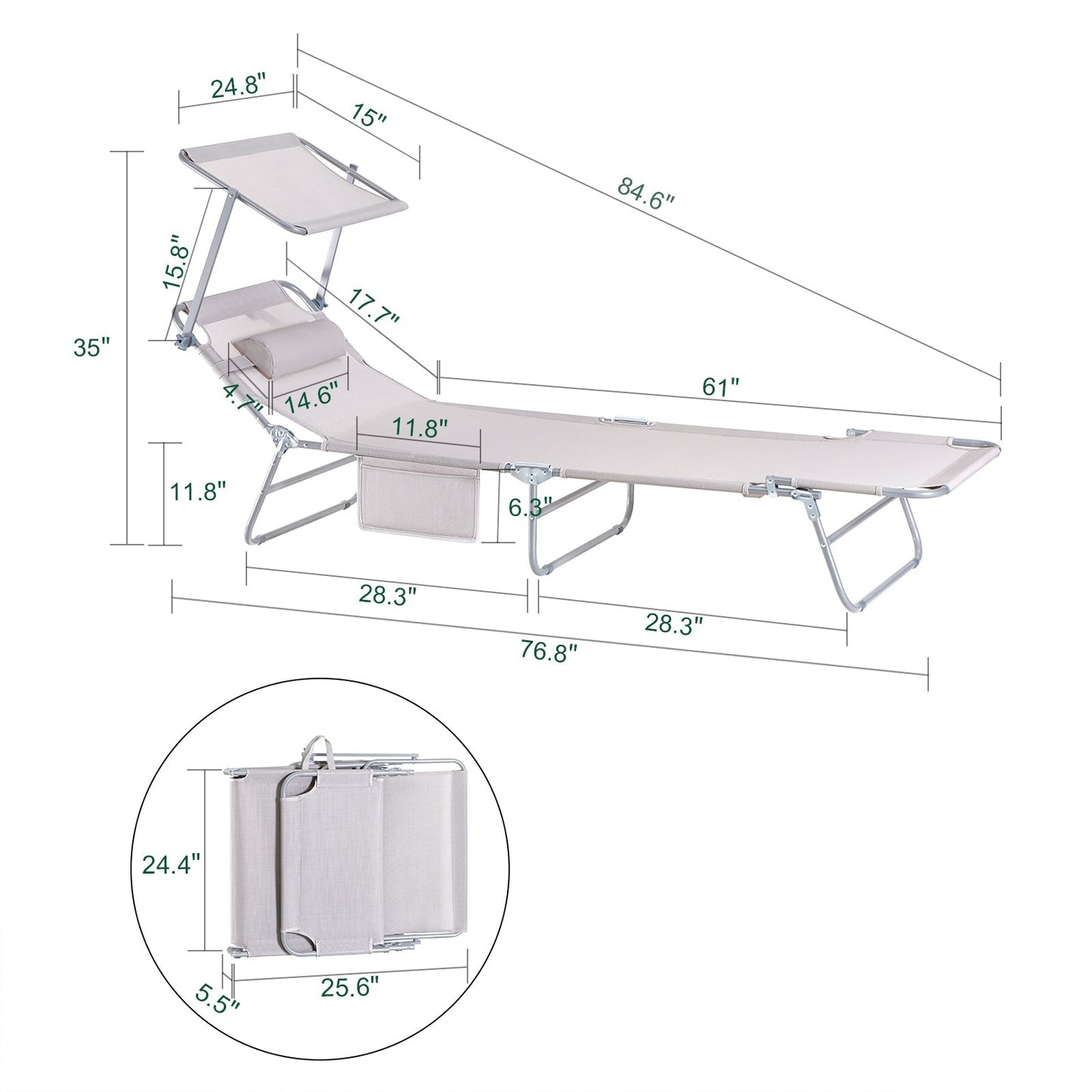 SoBuy Ligbed met Zonneklep - Opvouwbaar - Max. 120 kg - 195 x 63 x 30 cm - Beige